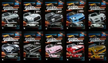 Hot Wheels - Fast & Furious set of 10 Mix 3 - '17 Acura NSX, 2009 Nissan GT-R, 1971 Nissan Skyline  H/T 2000 Gt-R, Mazda RX-8, Bugatti Veyron, Datsun 240Z Custom, '69 Camaro ,Honda S2000,'70 Dodge Charger RT,'15 Mercedes AMG GT
