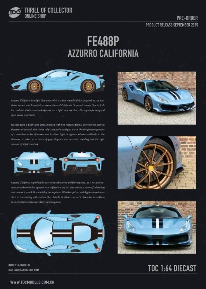 Thrill Of Collector (TOC) Ferrari 488 Pista Azzurro Califonia